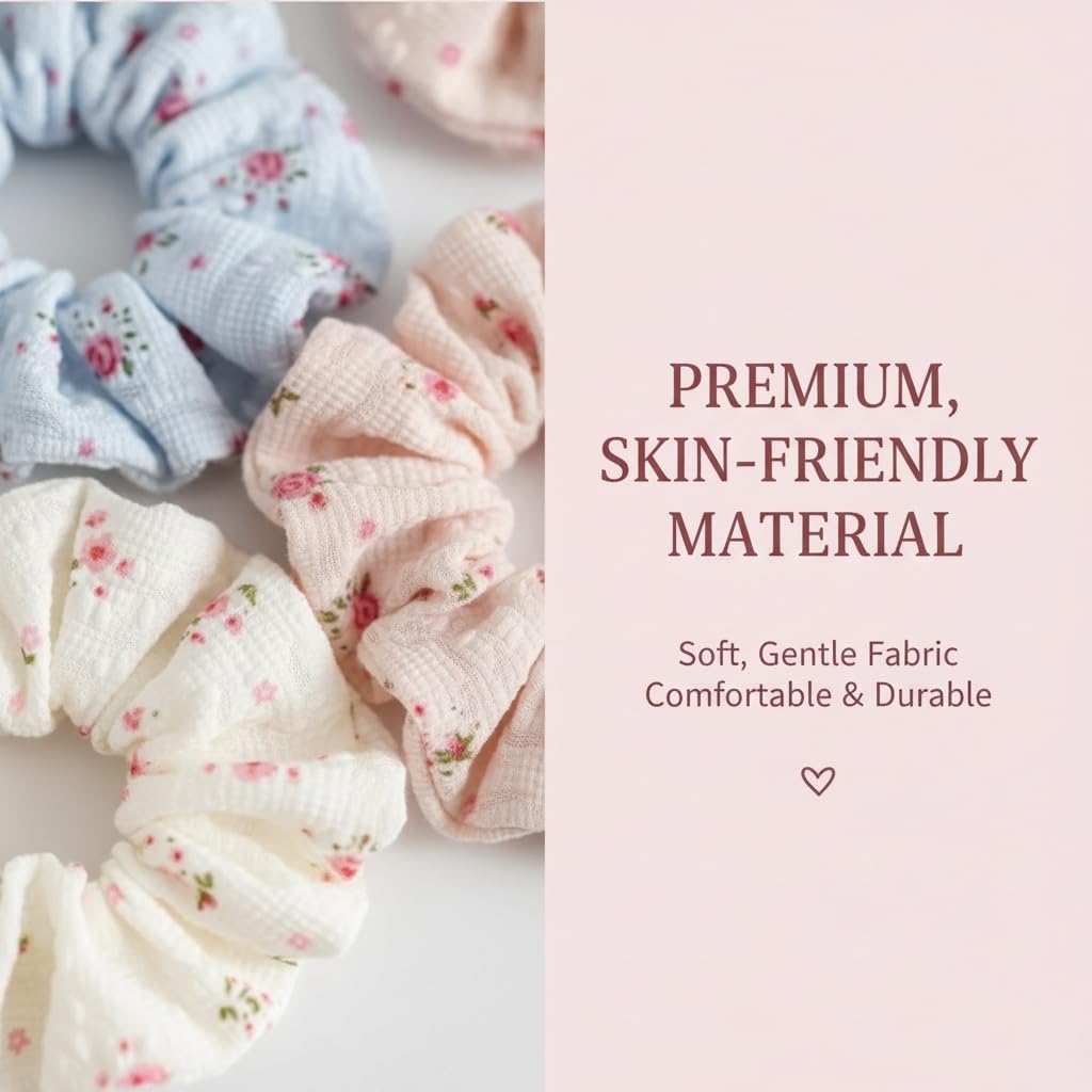 3-Pack Floral Lace Scrunchies – White, Pink & Blue Hair Ties