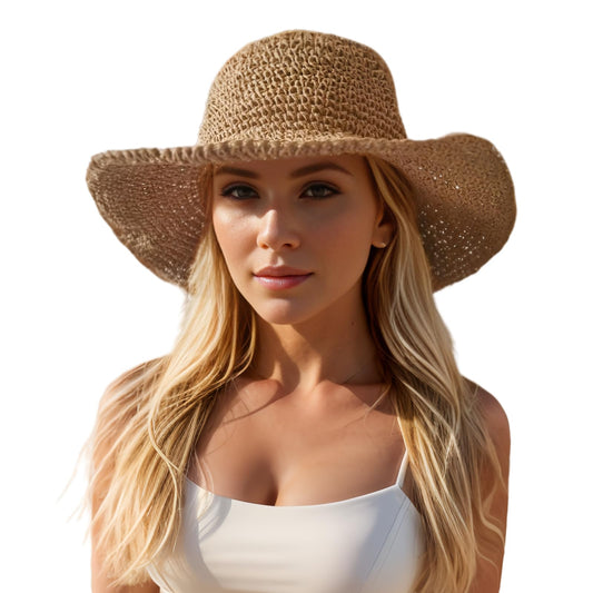 Handmade Crochet Straw Beach Hat – Wide Brim, Foldable, Women’s