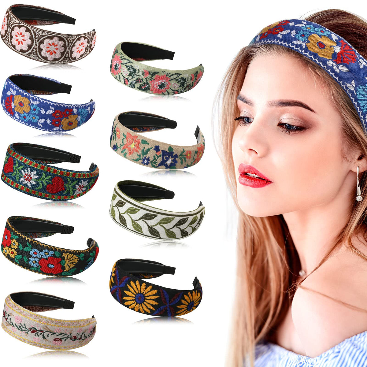 Geosar 9 Pcs Boho Wide Embroidered Headbands for Women Floral Ethnic