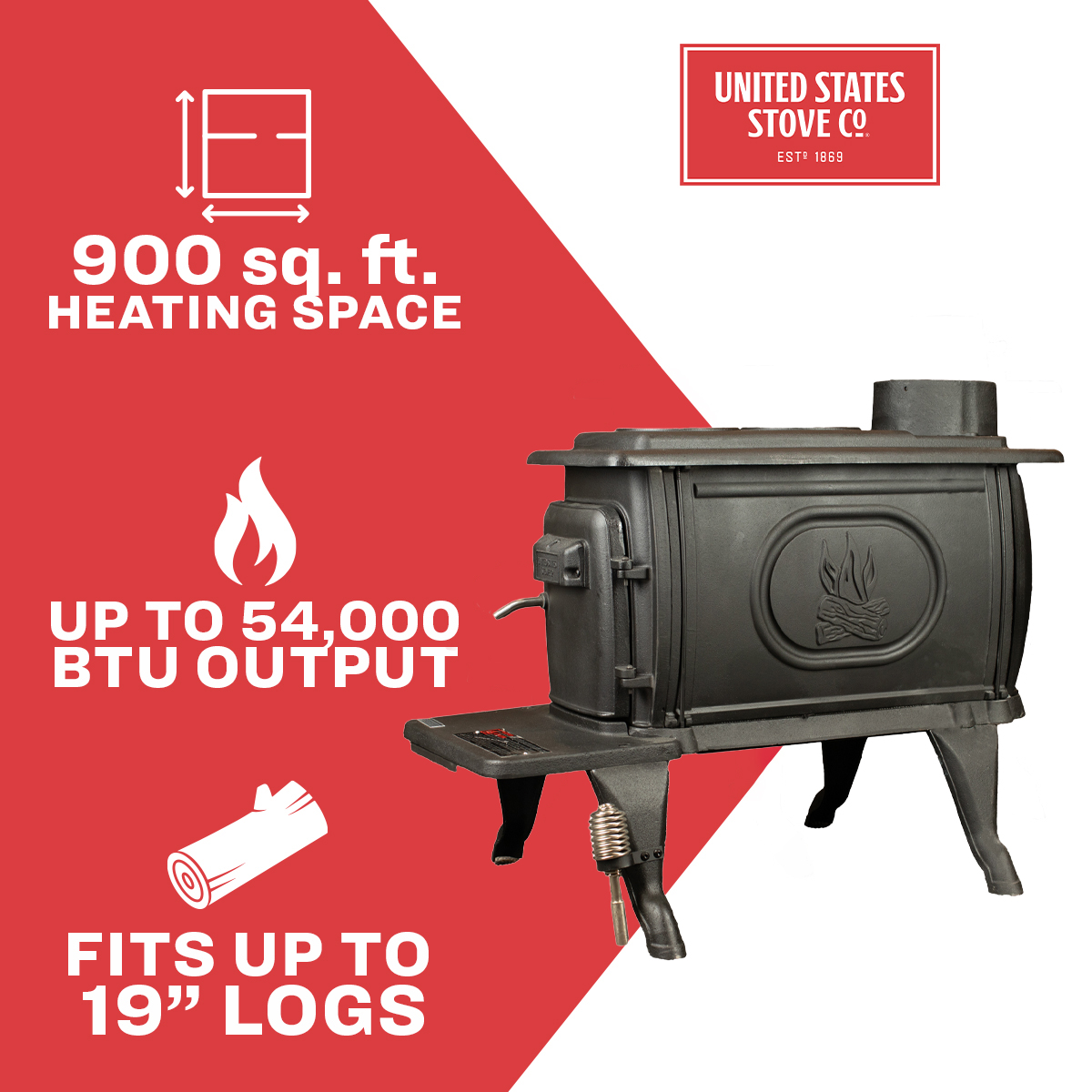 US1269E Cast Iron Log Wood Stove 900 sq. ft. 54,000 BTU New